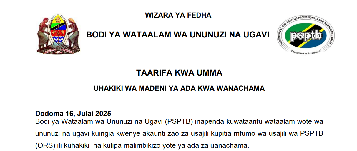 TAARIFA KWA UMMA - UHAKIKI WA MADENI YA ADA KWA WANACHAMA
